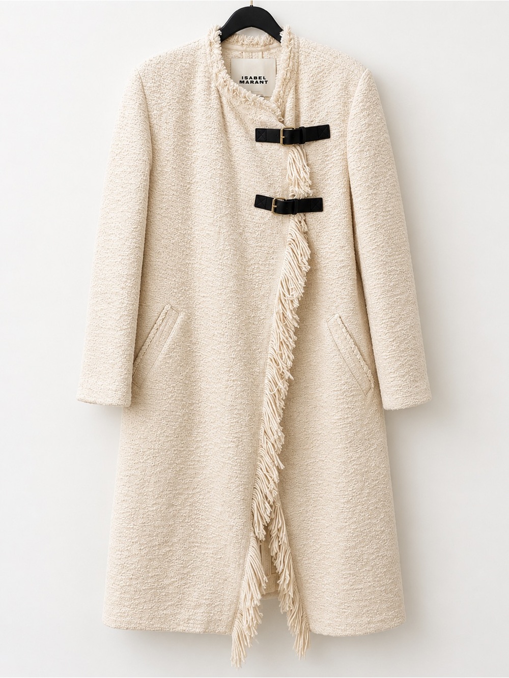 Isabel Marant Cream Bouclé Fringe Trim Coat with Black Buckles